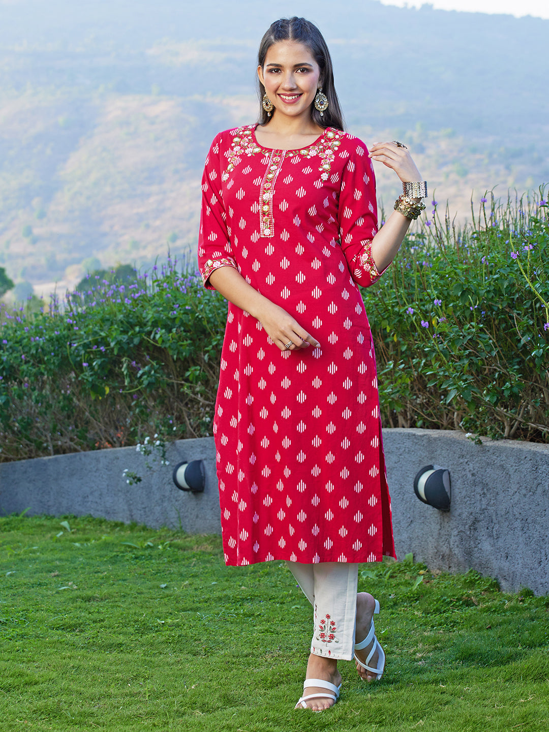 Ikat Printed & Floral Embroidered Straight Fit Kurta - Dark Red