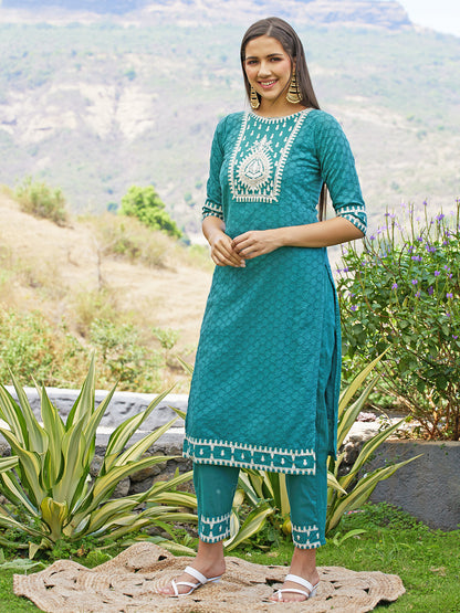 Ethnic Embroidered Straight Kurta with Pants & Dupatta - Jade Green