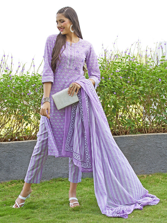 Floral Printed & Embroidered Straight Kurta with Pants and Dupatta - Lavender