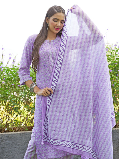 Floral Printed & Embroidered Straight Kurta with Pants and Dupatta - Lavender