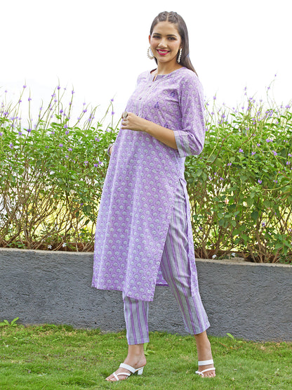 Floral Printed & Embroidered Straight Kurta with Pants and Dupatta - Lavender