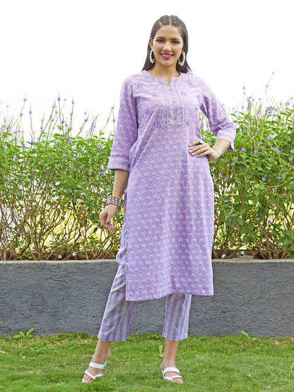 Floral Printed & Embroidered Straight Kurta with Pants and Dupatta - Lavender