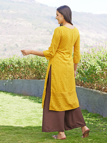 Chikankari Embroidered Straight Fit Kurta - Yellow