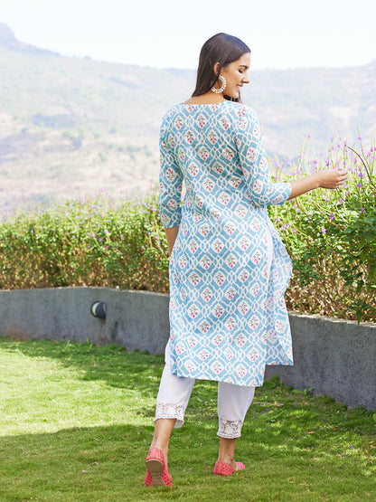 Floral Printed & Floral Embroidered Straight Fit Kurta - Sky Blue
