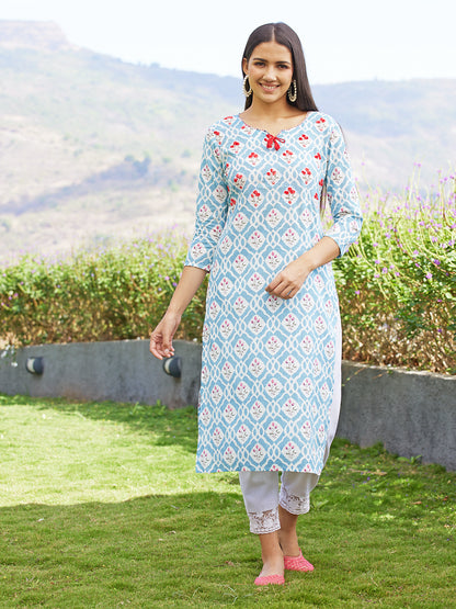 Floral Printed & Floral Embroidered Straight Fit Kurta - Sky Blue