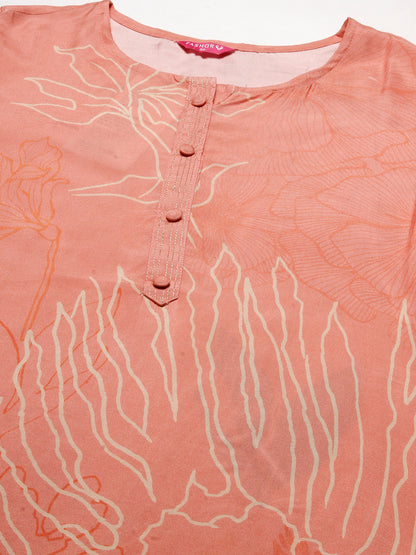 Floral Printed Zari Top Stitched Kurta With Pants & Floral Printed Tasseled Dupatta - Peach