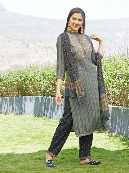 Stripes Printed Resham Embroidered Kurta With Pants & Dupatta - Multi