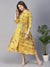 Batik Printed Mirror & Resham Embroidered A-line Midi Dress With Waist Belt - Mustard