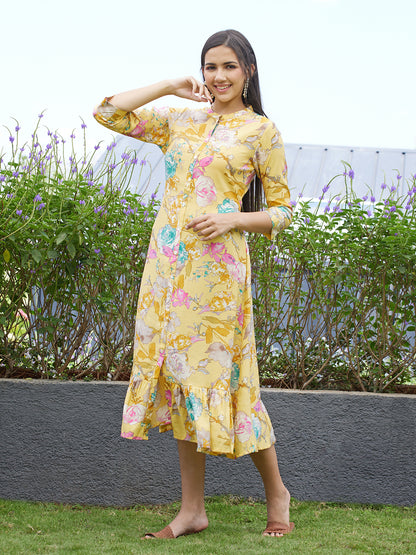 Abstract Floral Printed A-Line Midi Dress - Yellow