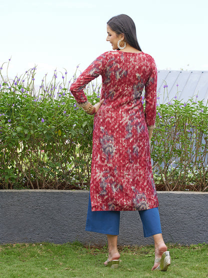 Ethnic Printed & Embroidered Straight Fit Kurta - Maroon