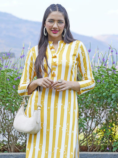 Floral & Stripes Printed Straight Fit Kurta - Mustard