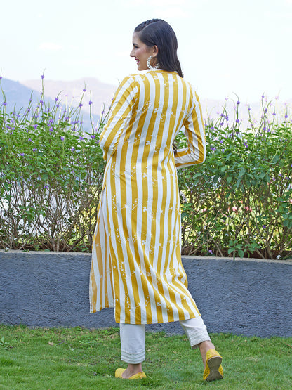 Floral & Stripes Printed Straight Fit Kurta - Mustard