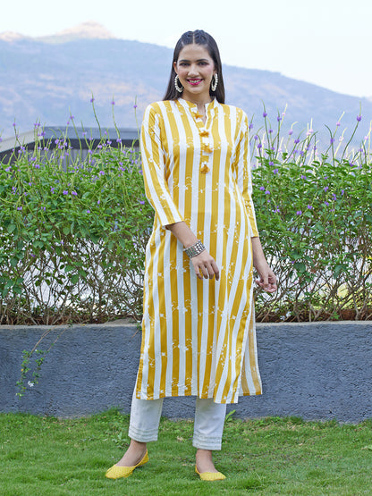 Floral & Stripes Printed Straight Fit Kurta - Mustard