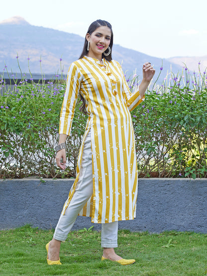 Floral & Stripes Printed Straight Fit Kurta - Mustard