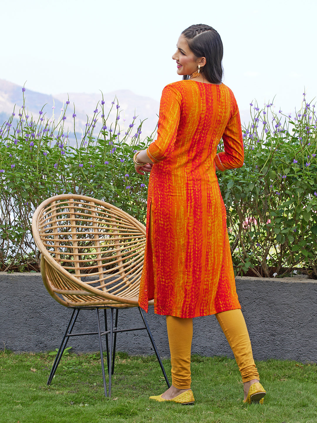 Tie-Dye Printed & Embroidered Straight Fit Kurta - Orange
