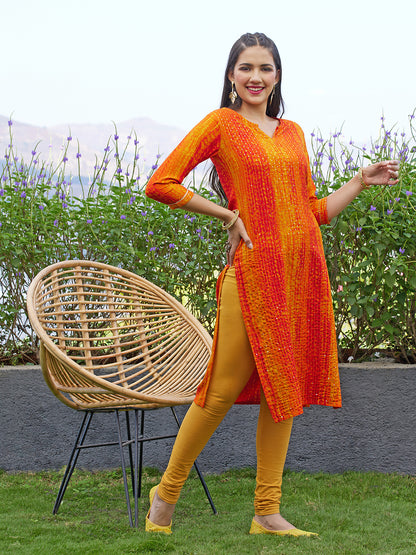 Tie-Dye Printed & Embroidered Straight Fit Kurta - Orange