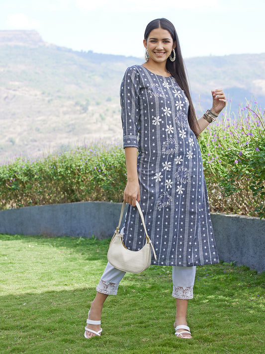 Ethnic Stripes Woven & Embroidered Straight Fit Kurta - Gray