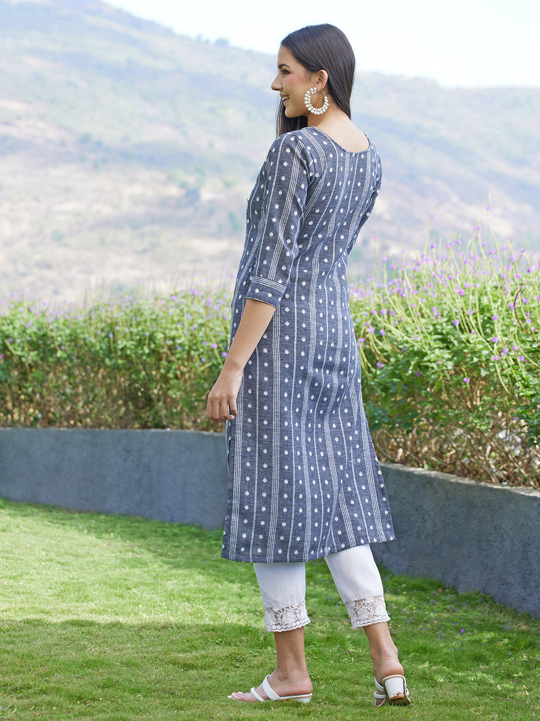 Ethnic Stripes Woven & Embroidered Straight Fit Kurta - Gray
