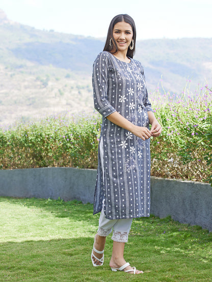 Ethnic Stripes Woven & Embroidered Straight Fit Kurta - Gray
