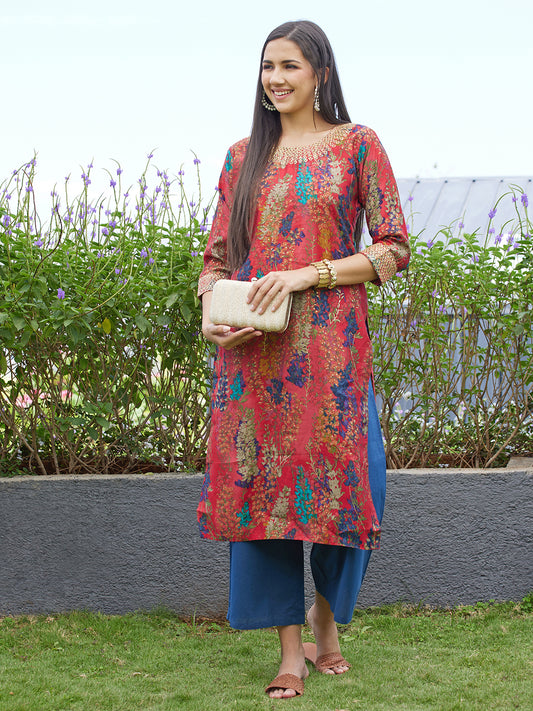 Floral Printed & Embroidered Straight Fit Kurta – Red