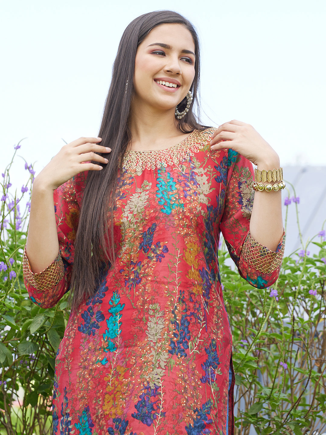 Floral Printed & Embroidered Straight Fit Kurta – Red