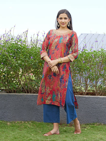 Floral Printed & Embroidered Straight Fit Kurta – Red