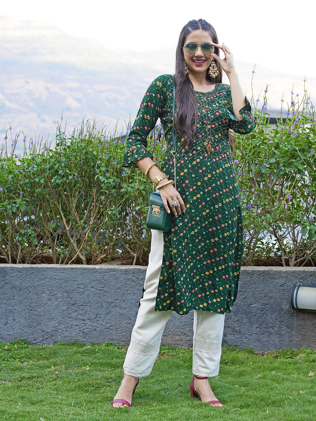 Ethnic Printed & Embroidered Straight Fit Kurta - Dark Green