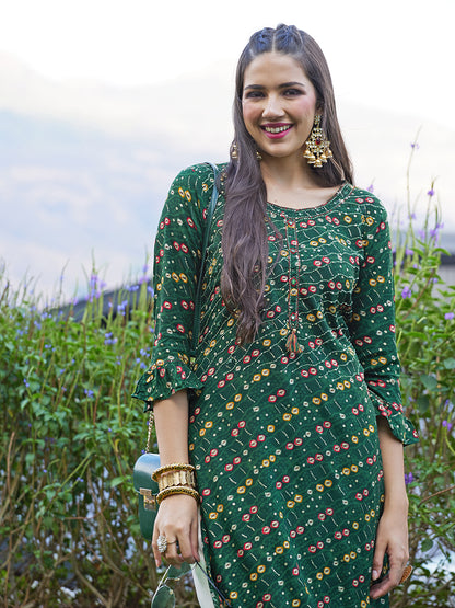 Ethnic Printed & Embroidered Straight Fit Kurta - Dark Green