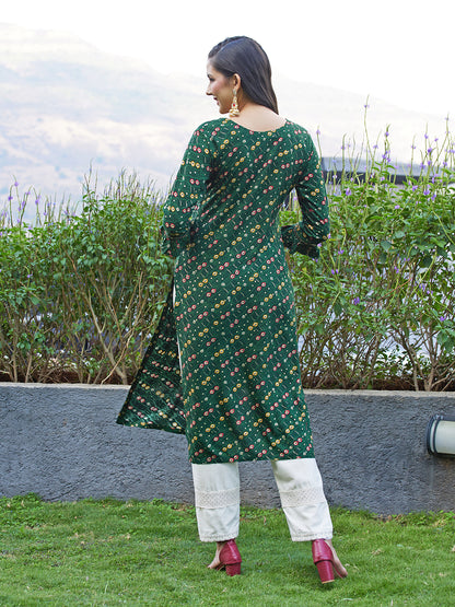 Ethnic Printed & Embroidered Straight Fit Kurta - Dark Green