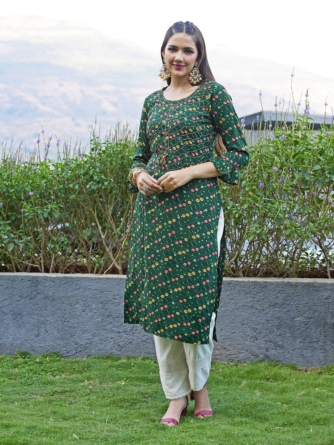 Ethnic Printed & Embroidered Straight Fit Kurta - Dark Green