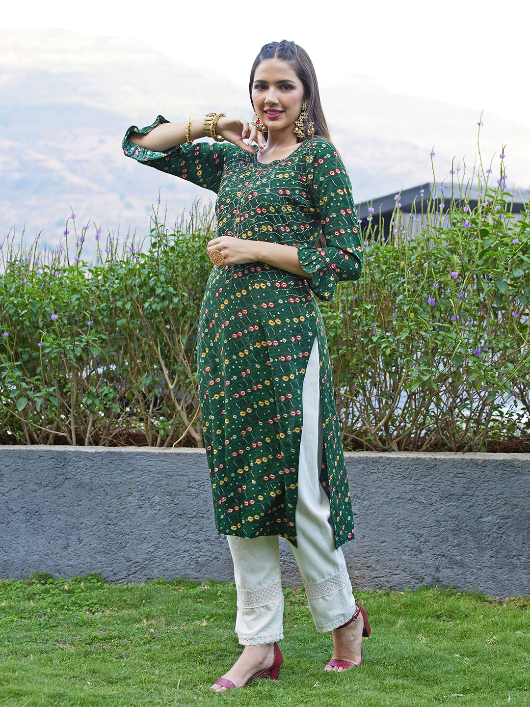 Ethnic Printed & Embroidered Straight Fit Kurta - Dark Green