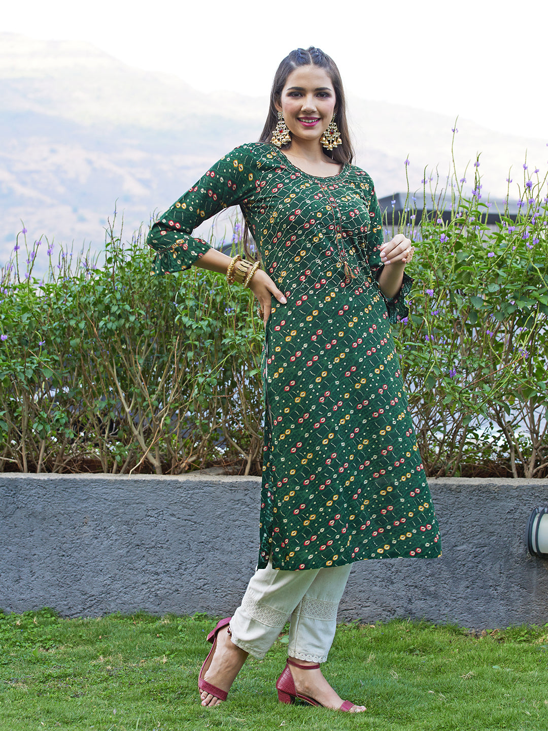 Ethnic Printed & Embroidered Straight Fit Kurta - Dark Green