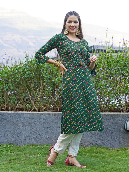 Ethnic Printed & Embroidered Straight Fit Kurta - Dark Green