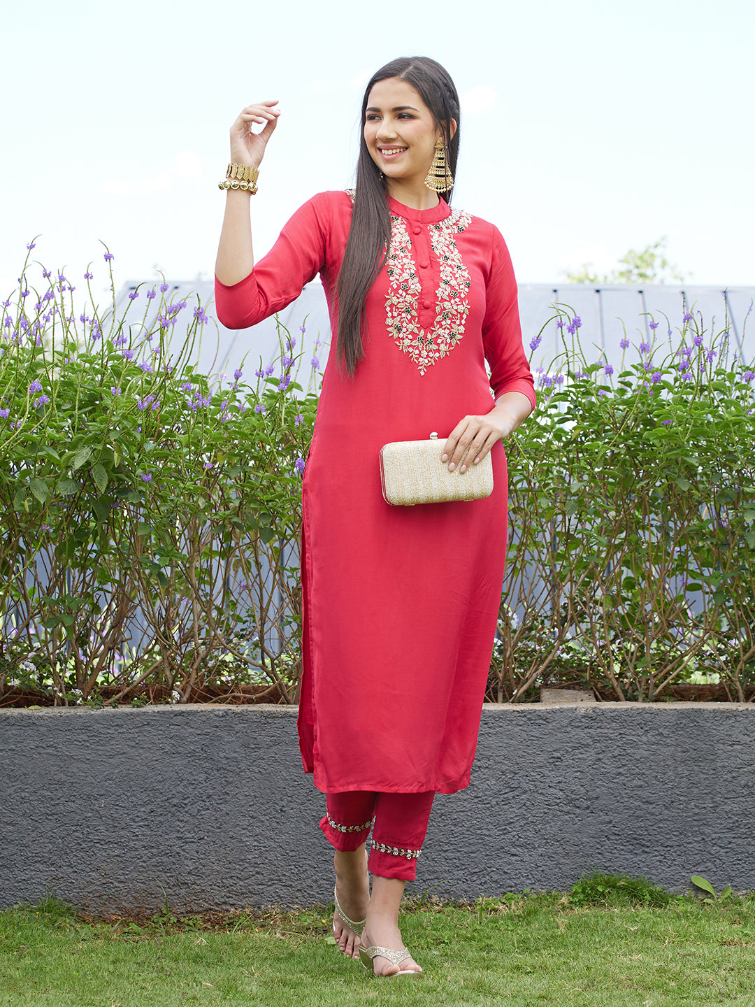 Floral Hand Embroidered Straight Kurta with Pants - Dark Pink