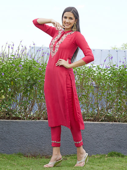 Floral Hand Embroidered Straight Kurta with Pants - Dark Pink