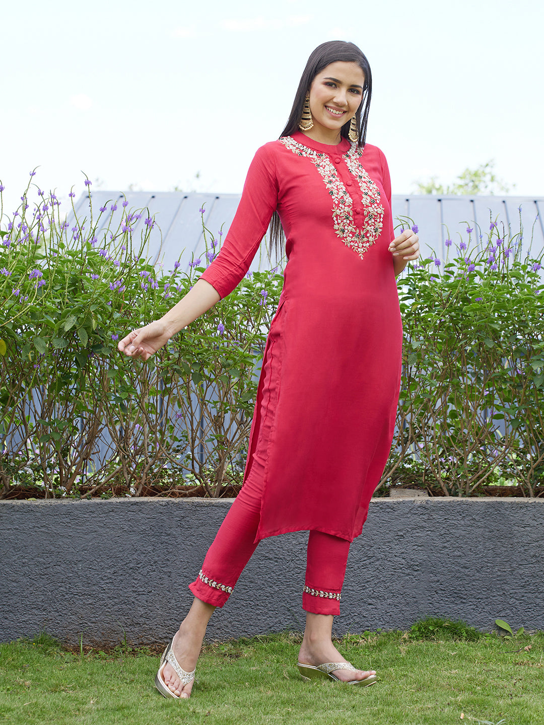 Floral Hand Embroidered Straight Kurta with Pants - Dark Pink