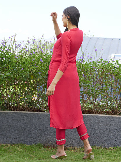 Floral Hand Embroidered Straight Kurta with Pants - Dark Pink