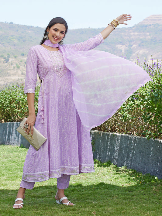 Bandhani Printed & Embroidered Anarkali Kurta with Pants & Dupatta - Light Purple