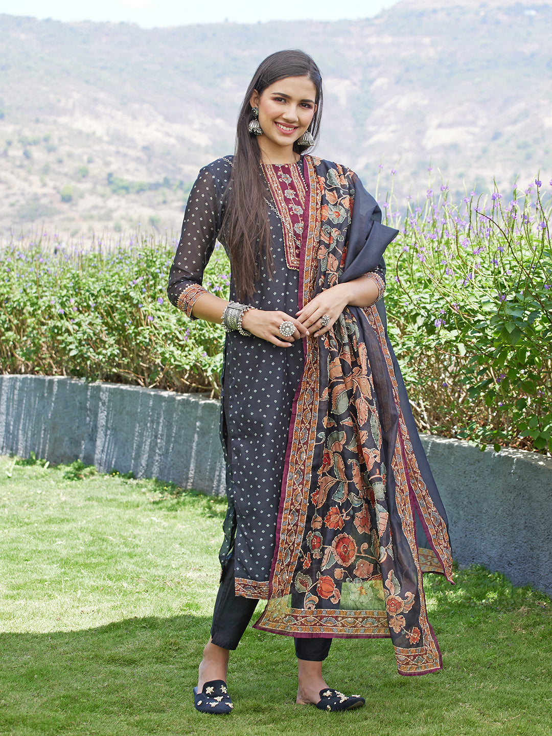 Embroidered & Bandhej Printed Kurta & Pants and Dupatta - Black