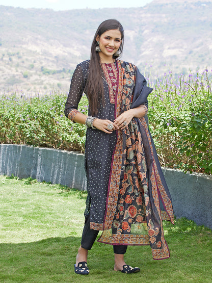 Embroidered & Bandhej Printed Kurta & Pants and Dupatta - Black