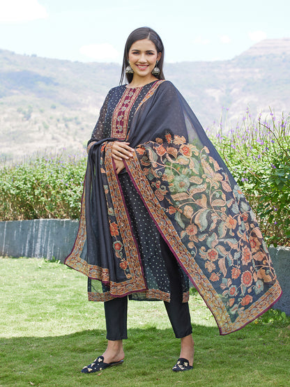 Embroidered & Bandhej Printed Kurta & Pants and Dupatta - Black