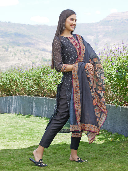 Embroidered & Bandhej Printed Kurta & Pants and Dupatta - Black