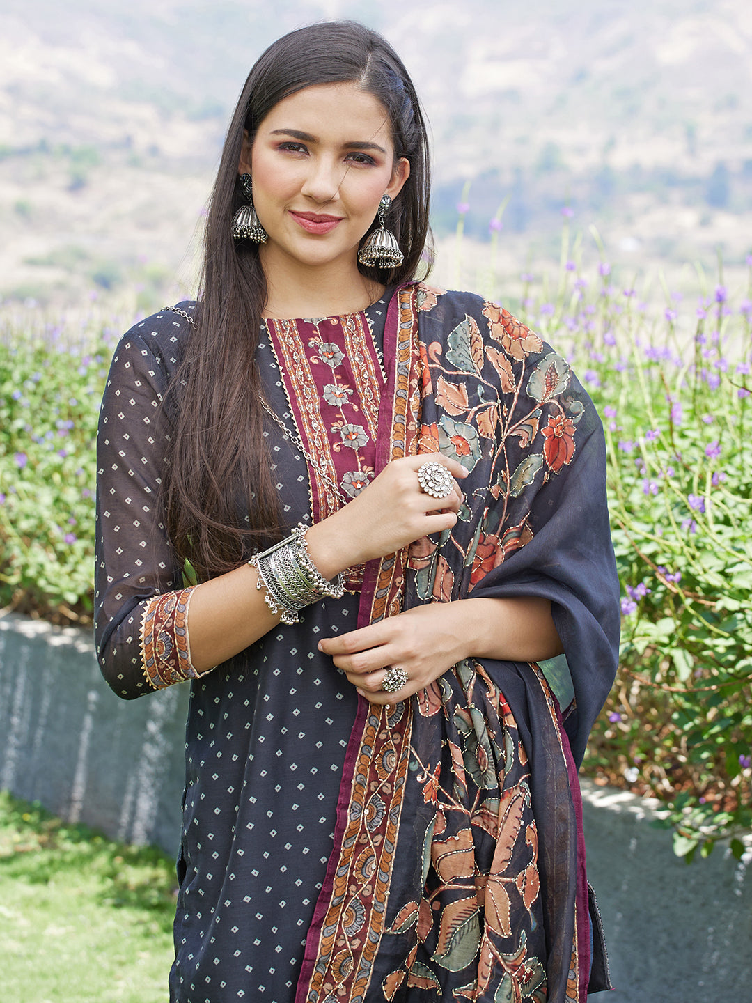 Embroidered & Bandhej Printed Kurta & Pants and Dupatta - Black