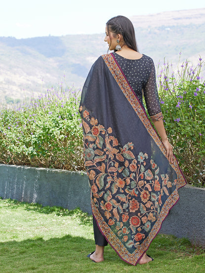 Embroidered & Bandhej Printed Kurta & Pants and Dupatta - Black