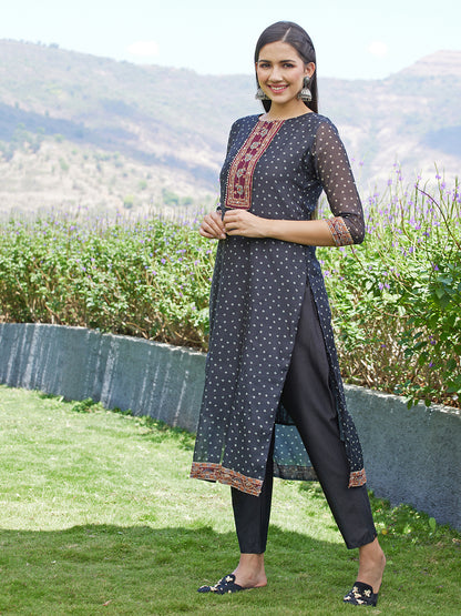 Embroidered & Bandhej Printed Kurta & Pants and Dupatta - Black