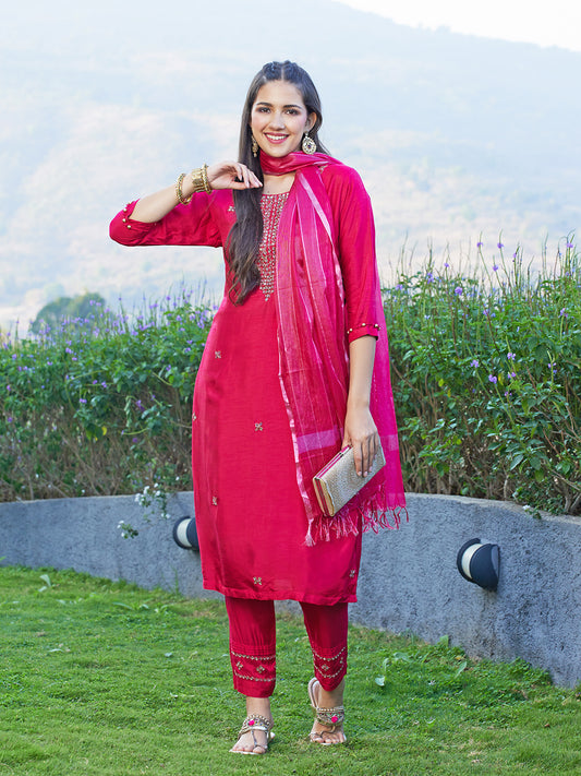 Ethnic Hand Embroidered Straight Kurta with Pants & Dupatta - Magenta Pink