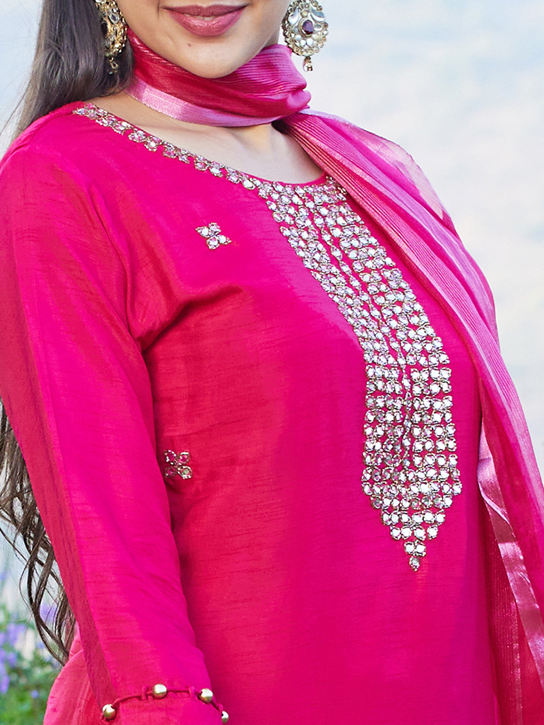 Ethnic Hand Embroidered Straight Kurta with Pants & Dupatta - Magenta Pink