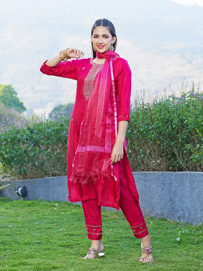 Ethnic Hand Embroidered Straight Kurta with Pants & Dupatta - Magenta Pink