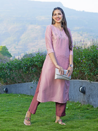 Ethnic Embroidered Kurta with Pant - Rose Pink