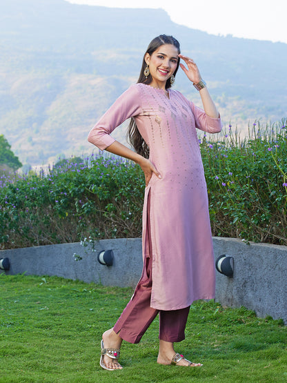 Ethnic Embroidered Kurta with Pant - Rose Pink